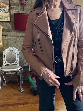 REISS Leather Jacket Moto Neutral Pink Color Small orig $650